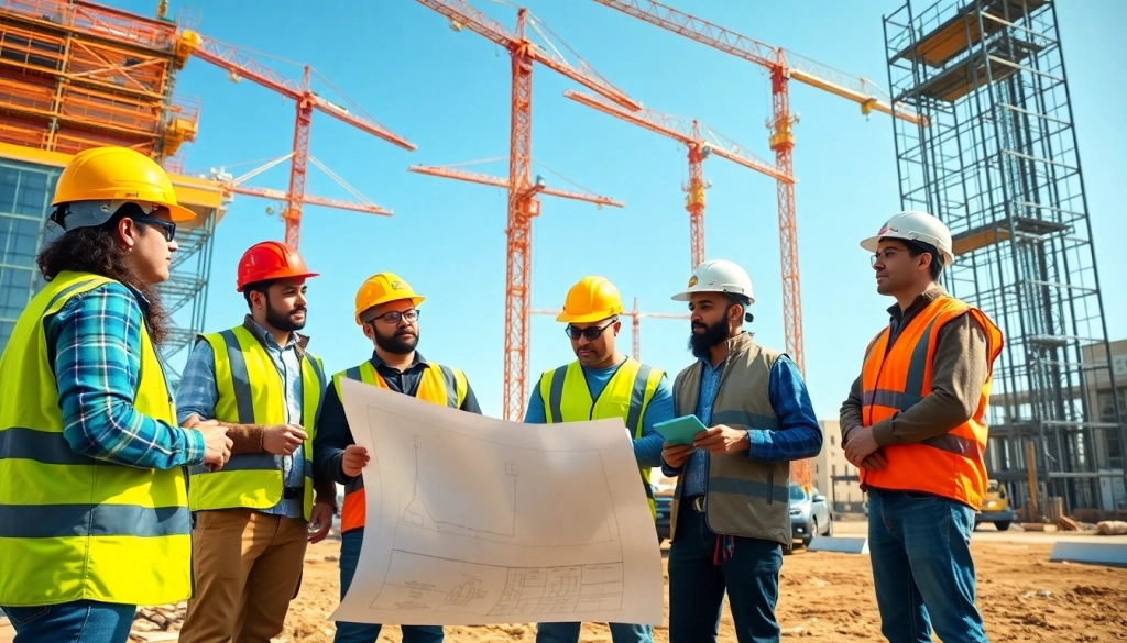 Team discussing plans at a construction association denver project site, portraying teamwork and collaboration.