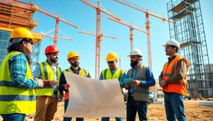 Team discussing plans at a construction association denver project site, portraying teamwork and collaboration.