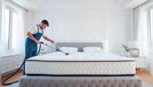 Experience mattress cleaning Dubai with a professional technician deep cleaning a mattress in a bright, modern bedroom.
