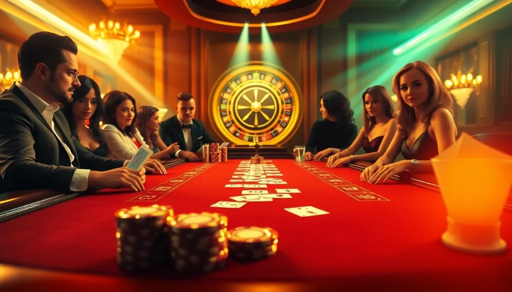 Experience the excitement of a poker game at 79king01 with glamorous players and vibrant casino elements.