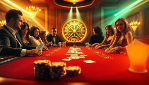 Experience the excitement of a poker game at 79king01 with glamorous players and vibrant casino elements.