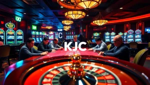 KJC branded poker table with players focused on their game and vibrant casino atmosphere.