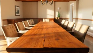 Admire exquisite solid wood tables showcasing rich grain and craftsmanship in a cozy dining setting.
