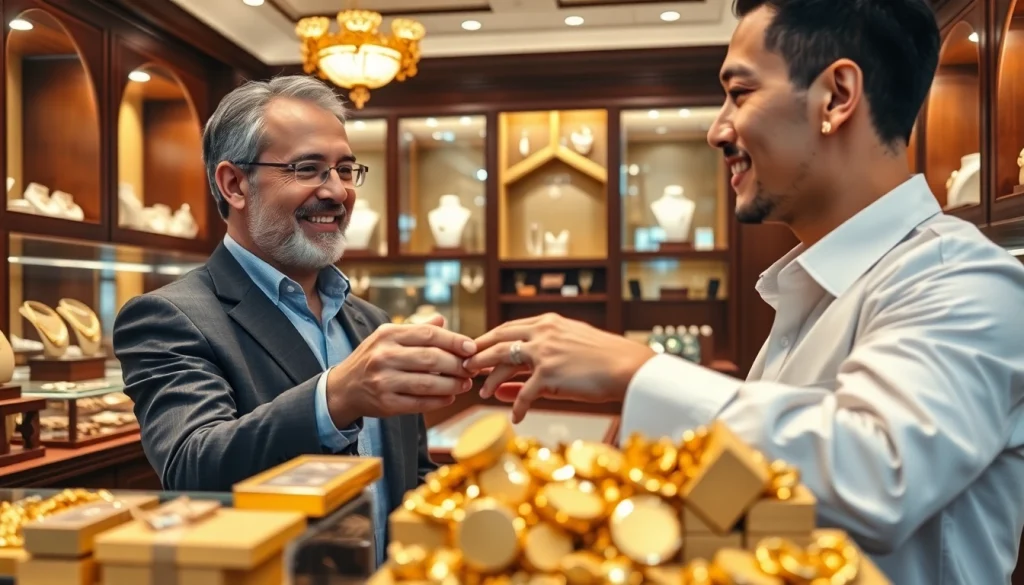 Goldankauf Hannover in a jewelry store with an expert assisting a customer.