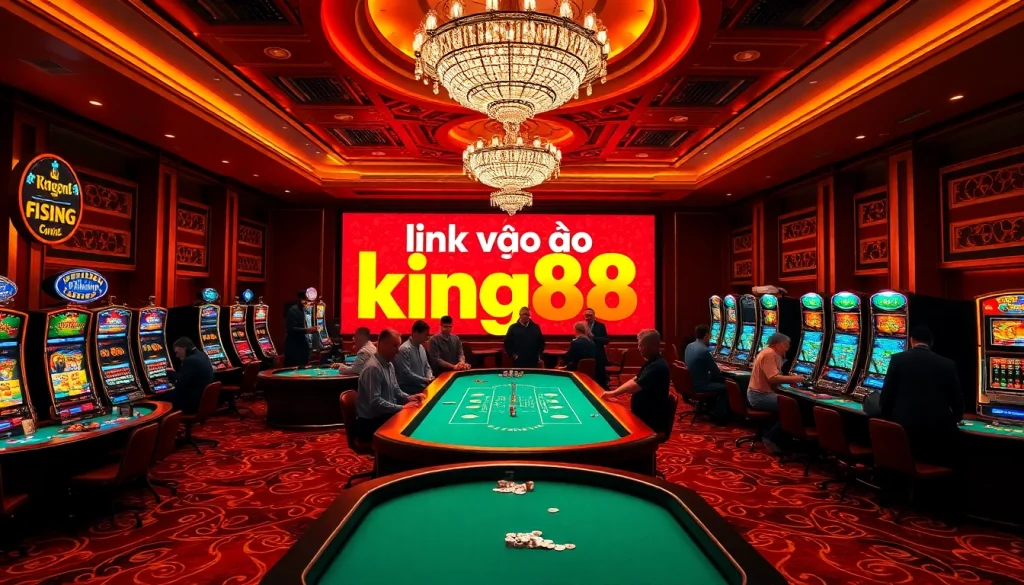Intense gaming action at KING88, featuring players immersed in casino excitement while searching for link vào king88.