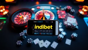Experience the thrill of betting with the indibet apk on a smartphone amidst vibrant casino elements.