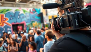 Edmonton videographer capturing a lively event with striking urban scenery and professional equipment.