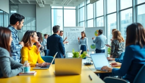 Business professionals collaborating in a vibrant office environment, showcasing teamwork.