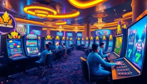 Engaged players enjoying exciting 온라인슬롯 games in a luxe casino environment filled with poker chips and vibrant machines.