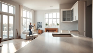 Home renovation project illustrating a contractor installing new cabinets in a modern living space.