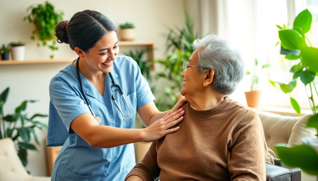 Senior care austin tx scene showing a professional caregiver assisting an elderly person in a bright, welcoming living room.