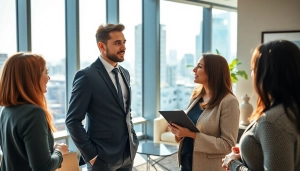 Real Estate agent showcasing modern properties in an inviting office environment.