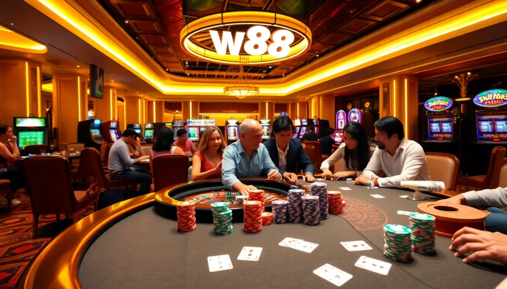 Exciting action at a poker table showcasing nhà cái w88 with colorful chips and players engaged.
