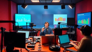 Engaging host at the radio studio of hometownstation.com sharing live updates to listeners.