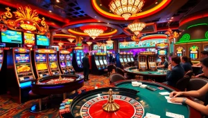 Engaging gamblers at the luxurious xx88 casino with vibrant slot machines and poker tables.