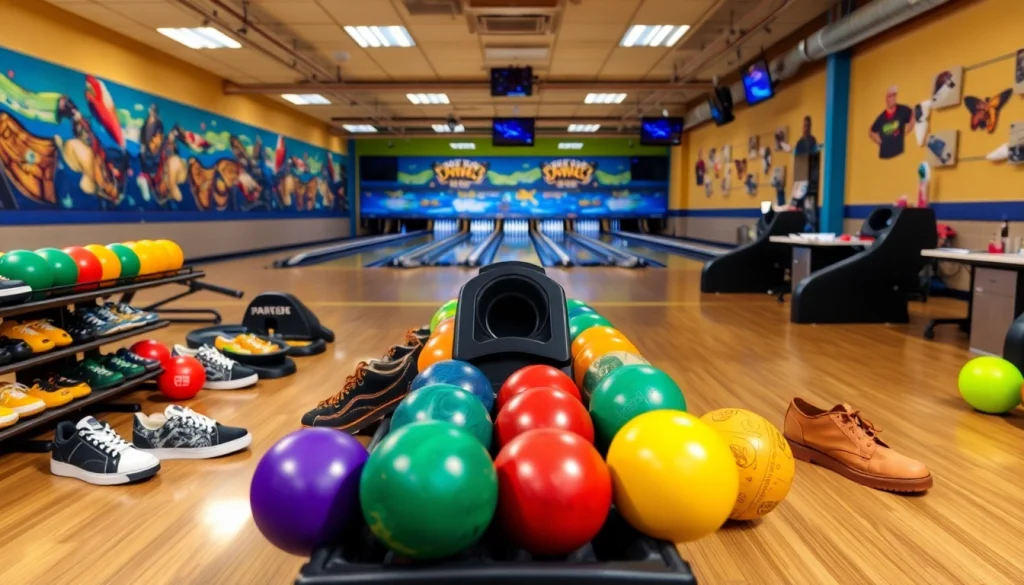 Explore high-quality used bowling equipment for sale, including balls and accessories in a welcoming bowling alley.