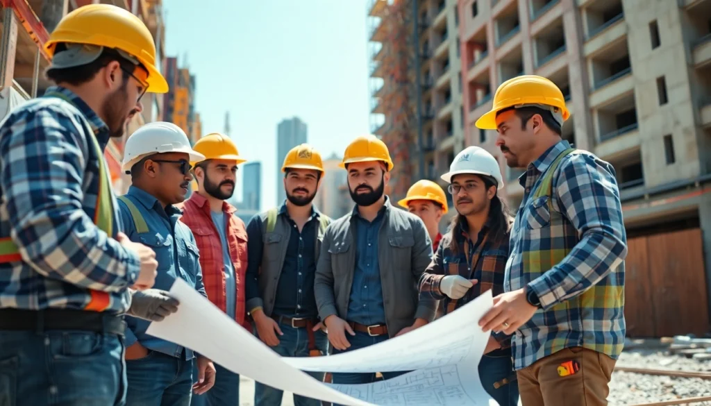 Dynamic teamwork in Careers in construction, showcasing professionals on a bustling job site.
