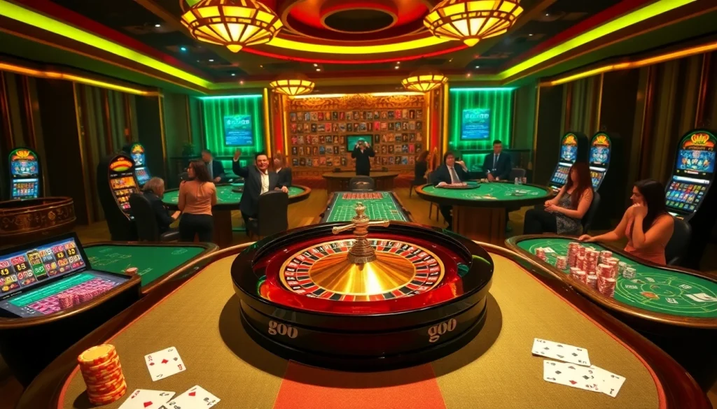 Exciting go8 casino scene with roulette, poker chips, and vibrant gamblers celebrating wins.