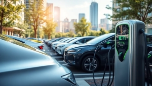 Showcasing EV charging news with modern charging stations and vehicles in a vibrant urban setting.