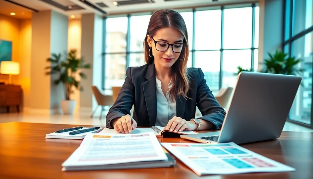 Crafting customized proposal writing in a bright office, featuring digital devices and colorful proposals.