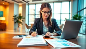 Crafting customized proposal writing in a bright office, featuring digital devices and colorful proposals.