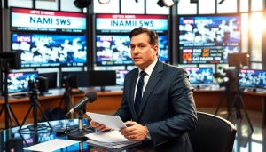 تغطية الأخبار العاجلة على saudiwadi.com في استوديو حديث مع شاشات عرض واضحة.