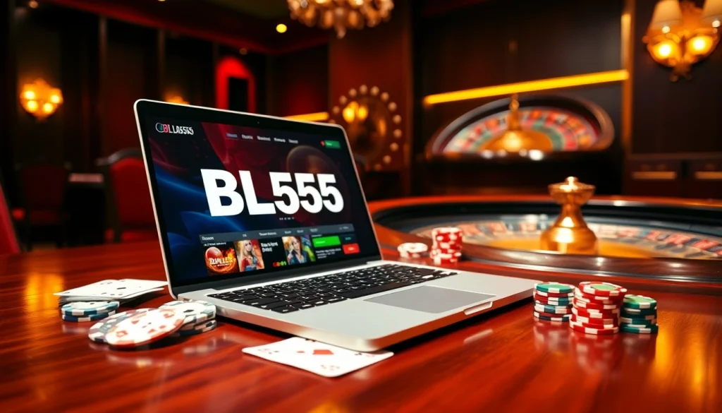 Experience the excitement of Bl555 online gambling with a luxurious casino atmosphere featuring poker chips and cards.
