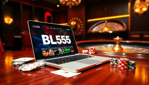 Experience the excitement of Bl555 online gambling with a luxurious casino atmosphere featuring poker chips and cards.