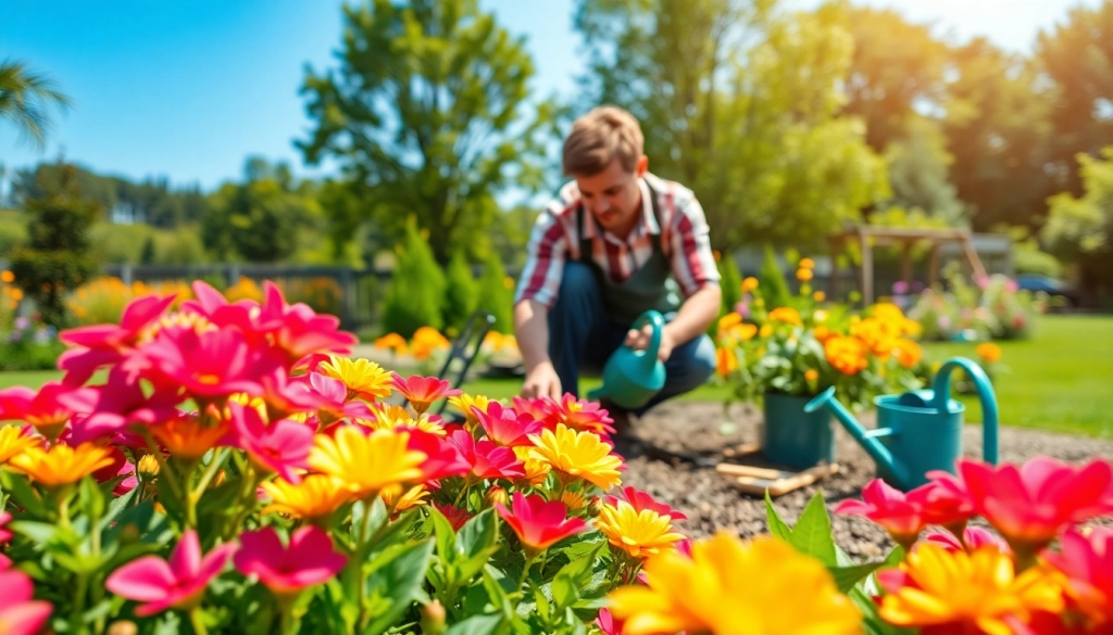 Gardening enthusiast planting colorful flowers in a sunny backyard garden.