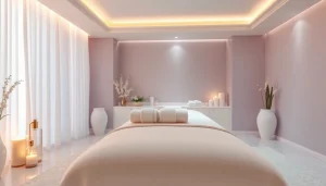 Spa Ads featuring a tranquil treatment room with soft lighting, elegant decor, and relaxing elements for wellness.