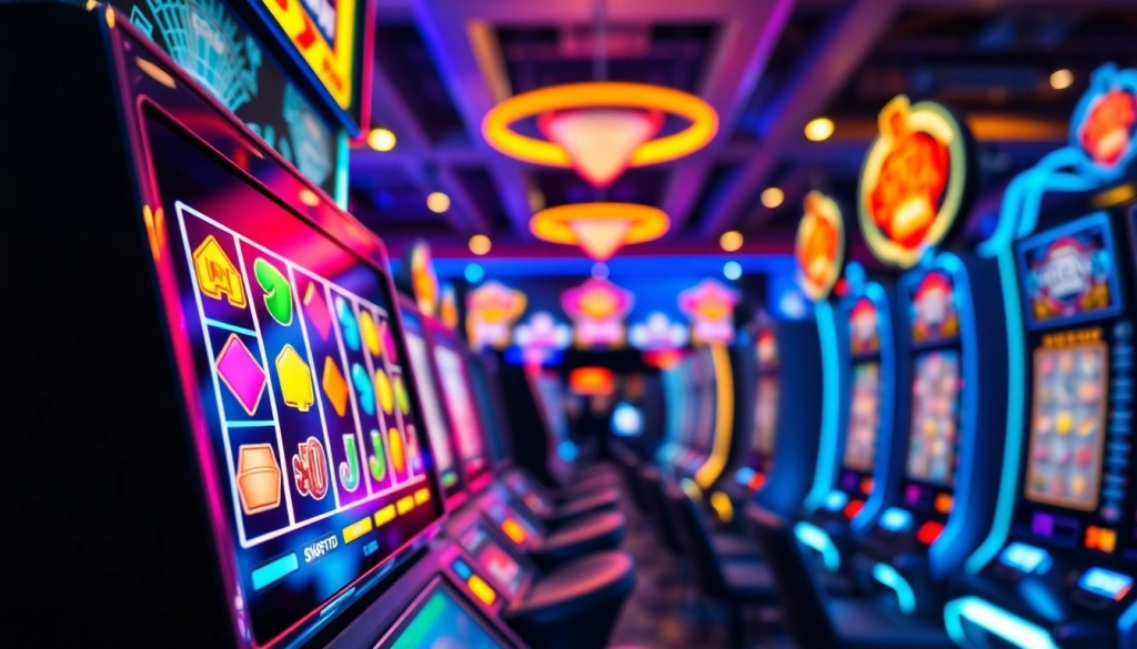 Slot depo 5k yang menarik di lingkungan kasino online dengan mesin slot berwarna-warni.