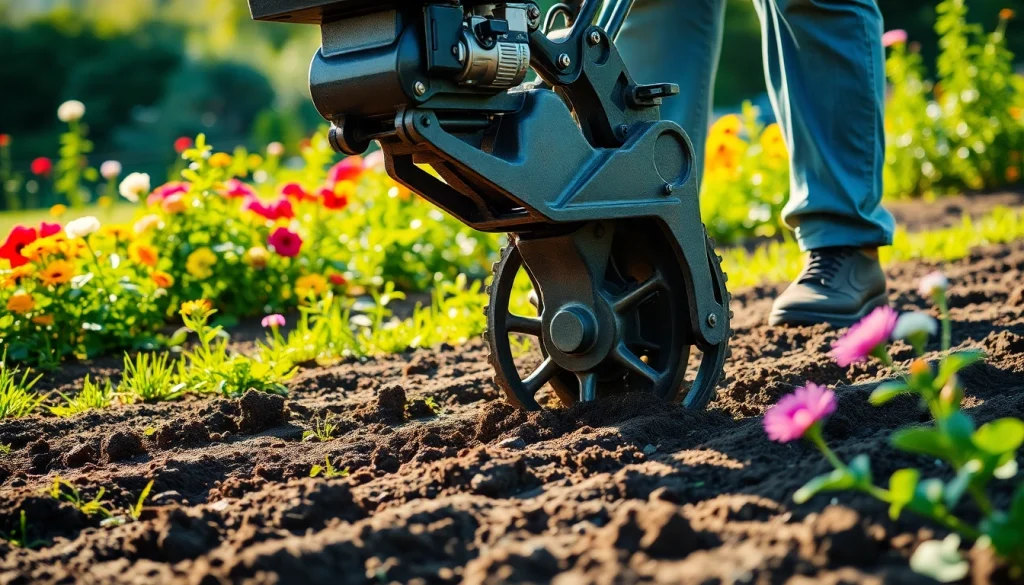 Engage with a rototiller rental showcased in a vibrant garden, illustrating fresh soil preparation.