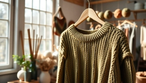 Highlighting unique fashions from https://www.ound-ound.com, showcasing a handcrafted sweater amidst natural light.
