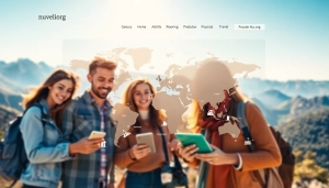 Nuvelios.org의 여행 정보 플랫폼을 보여주는 다채로운 이미지