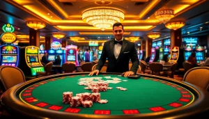 Players strategize around the say88 poker table filled with vibrant chips and cards.