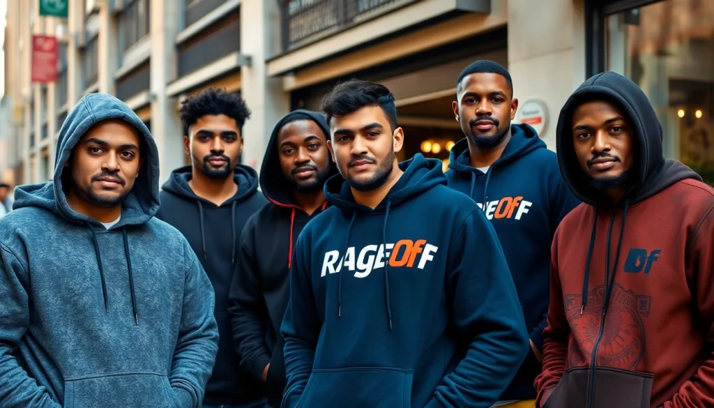 Stylish men wearing RageOff men’s hoodies in an urban setting showcasing modern street fashion.