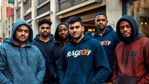 Stylish men wearing RageOff men’s hoodies in an urban setting showcasing modern street fashion.