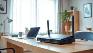 Showcasing the best vpn router on a modern desk with multiple devices connected, illustrating high-tech integration.