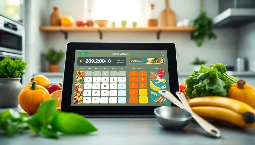 Calculate daily calorie needs with a vibrant calorie calculator displayed in a healthy kitchen.