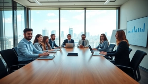 Professional business meeting showcasing diverse professionals discussing strategies.