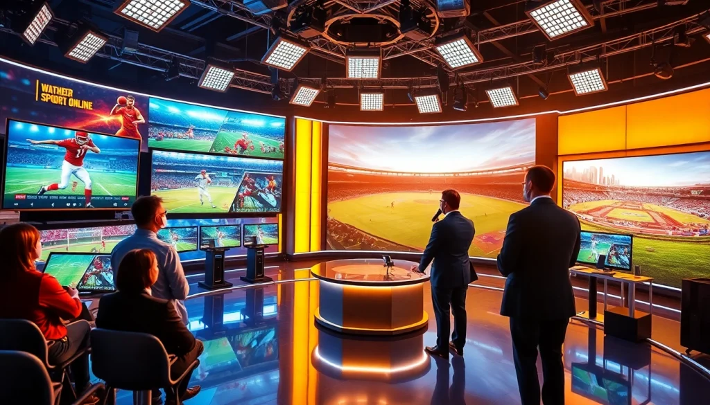 Watch Diema Sport Online Free in a vibrant TV studio set showcasing live sports events.