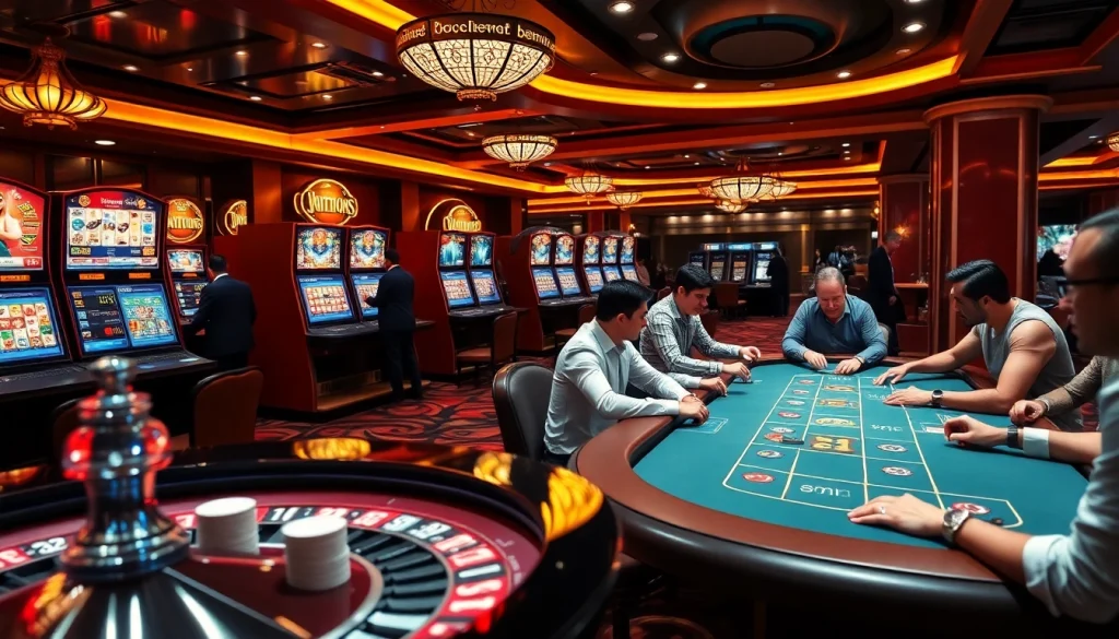 Experience the thrill of online gambling with link tải go88 and vibrant casino action featuring players at tables and slot machines.