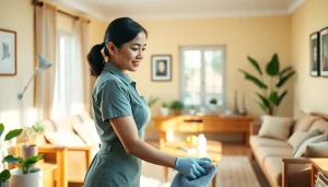 Filipino maid performing cleaning tasks efficiently in a cozy living room setting.