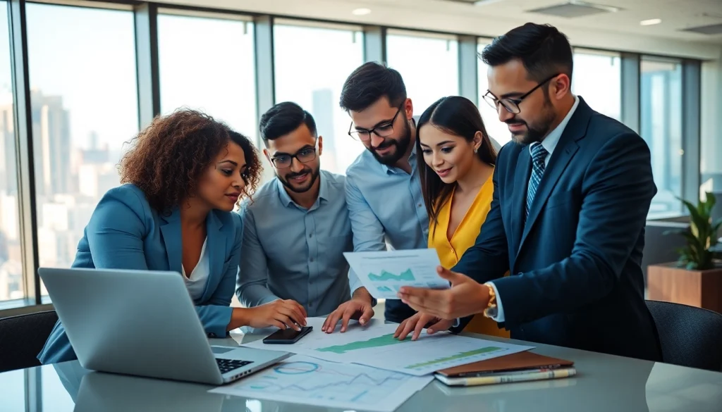 Analyze competitive intelligence strategies with a diverse team in a bright office setting.