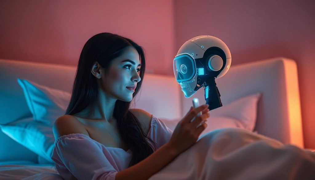 Engaging scene of a woman interacting with an AI companion in a futuristic bedroom, showcasing ai sex interactions.