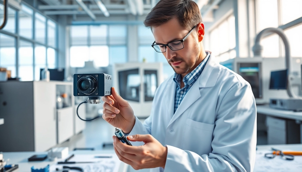 Technician analyzing das 142 device in a high-tech lab filled with advanced tools.