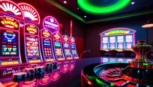 Halaman login DEWANAGA89 yang menampilkan mesin slot berwarna-warni dan suasana kasino yang dinamis.