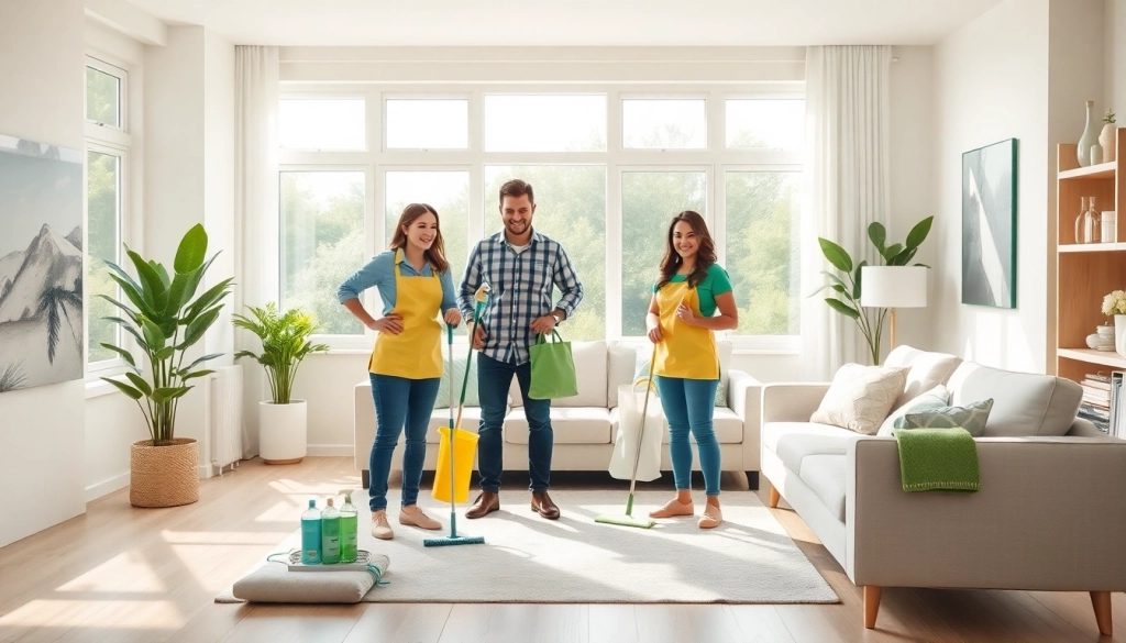 Cleaning service team ensuring a spotless home environment in a bright living room.