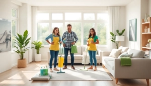 Cleaning service team ensuring a spotless home environment in a bright living room.