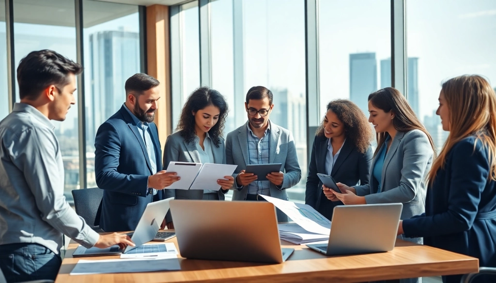 Business team collaborates in a modern office setting, showcasing teamwork and professionalism.